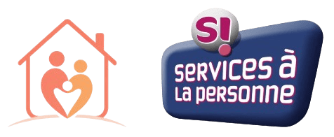 Illustration 3D : maison avec silhouettes d'une famille et logo Services à la personne - aide à domicile et garde d'enfants