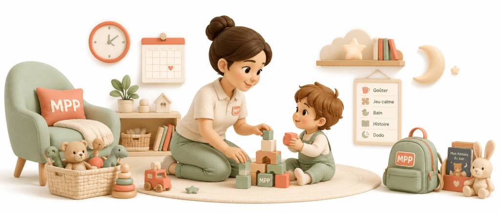 Illustration 3D : femme et enfant jouant avec des blocs de construction colorés dans un intérieur apaisant, symbolisant l'accompagnement et la garde d'enfants de Mon Petit Personnel.