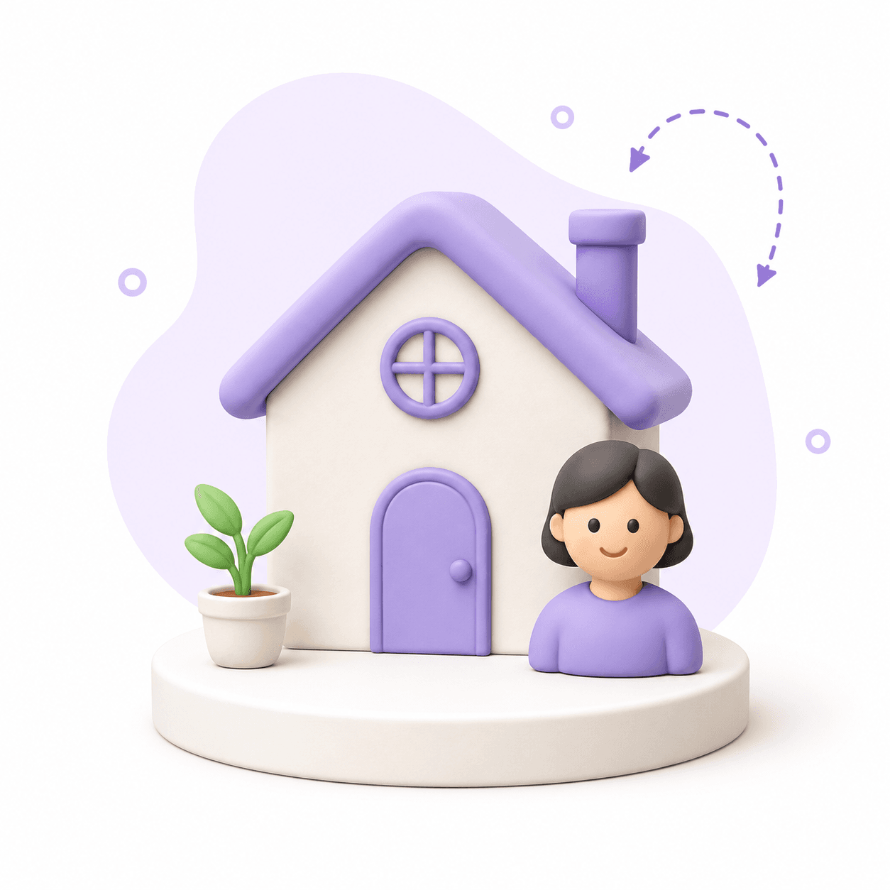 Illustration 3D : femme souriante devant une maison violette avec plante, symbolisant les services d'aide à domicile de Mon Petit Personnel.