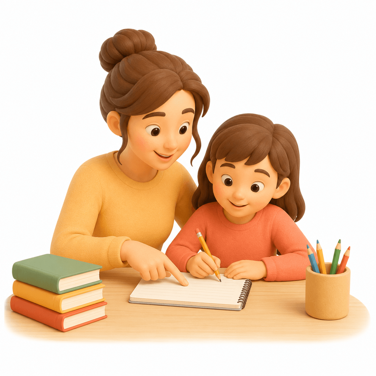 aide au devoir recrutement Illustration 3D : une femme aide une enfant à faire ses devoirs à table avec livres et crayons de couleur