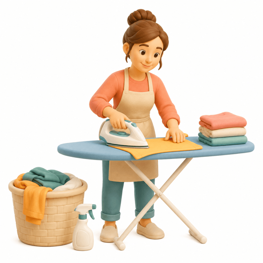 Illustration 3D d'une femme repassant du linge coloré à domicile, représentant les services de ménage et entretien de Mon Petit Personnel.