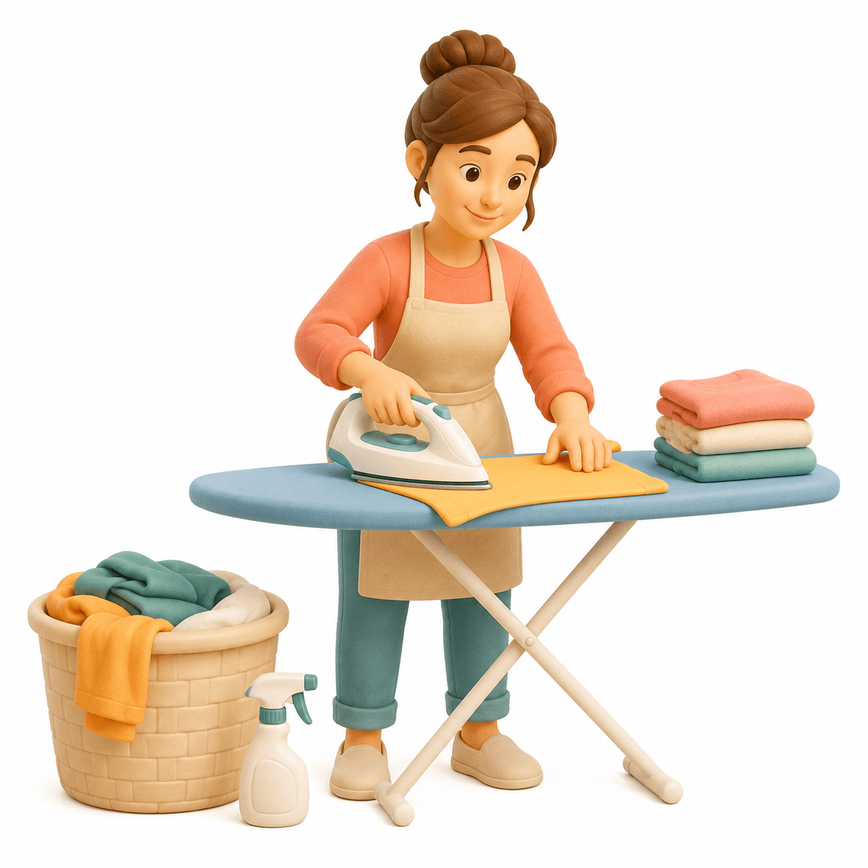 aide au menage recrutement Illustration 3D d'une femme repassant du linge coloré à domicile, représentant les services de ménage et entretien de Mon Petit Personnel.