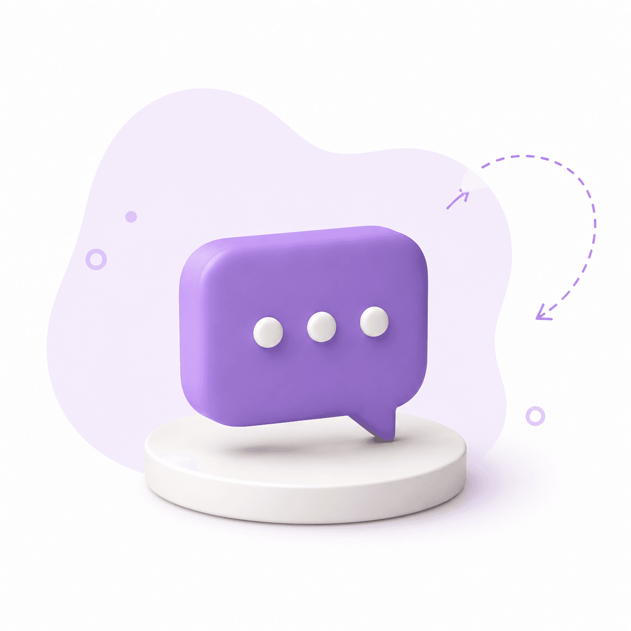 Illustration 3D d'une bulle de discussion violette avec trois points, symbolisant la communication et le service client de Mon Petit Personnel.