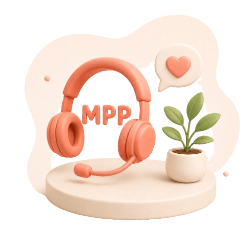 Confiance et écoute MPP Illustration 3D d'un casque audio rouge avec MPP écrit au centre, entouré d'une plante et d'éléments décoratifs symbolisant le service client et le bien-être à domicile.