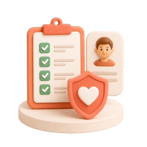 confiance et sécurité des services à domicile Illustration 3D : liste de contrôle complétée avec profil personnel et bouclier cœur symbolisant la confiance et la sécurité des services à domicile.