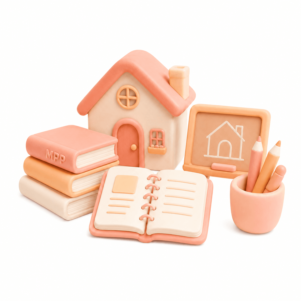Illustration 3D représentant une maison rose, des livres, un carnet spiralé et des fournitures, symbolisant l'organisation des services à domicile.