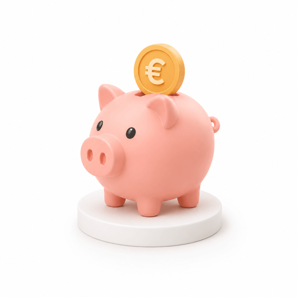 Illustration 3D : tirelire cochon rose avec pièce euro, symbolisant l'économie et les services de garde d'enfants abordables.