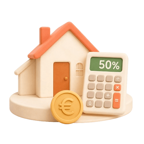 Economie réalisée avec nos services à domicile Illustration 3D : maison avec calculatrice affichant 50% et pièce euro, symbolisant l'économie réalisée avec nos services à domicile.