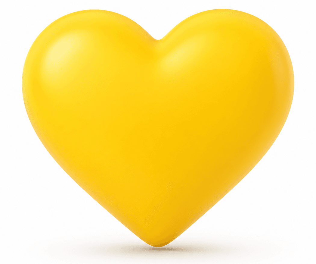 Engagement et bienveillance Illustration 3D d'un cœur jaune brillant symbolisant l'engagement et la bienveillance de Mon Petit Personnel dans ses services à domicile.