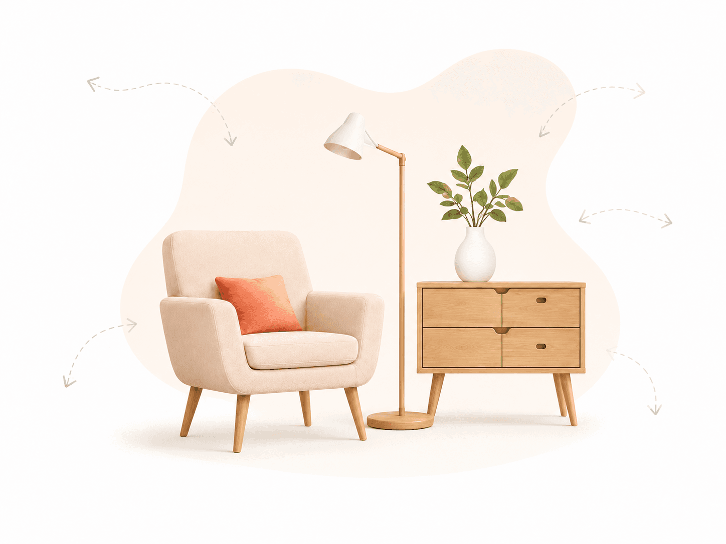Illustration 3D d'un intérieur moderne avec fauteuil beige, lampadaire, commode en bois et plante verte, symbolisant un espace de vie soigné et organisé.