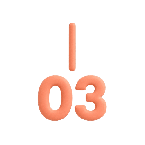 Etape trois Illustration 3D d'un numéro 03 en relief orange avec tiret, représentant un service à la personne.