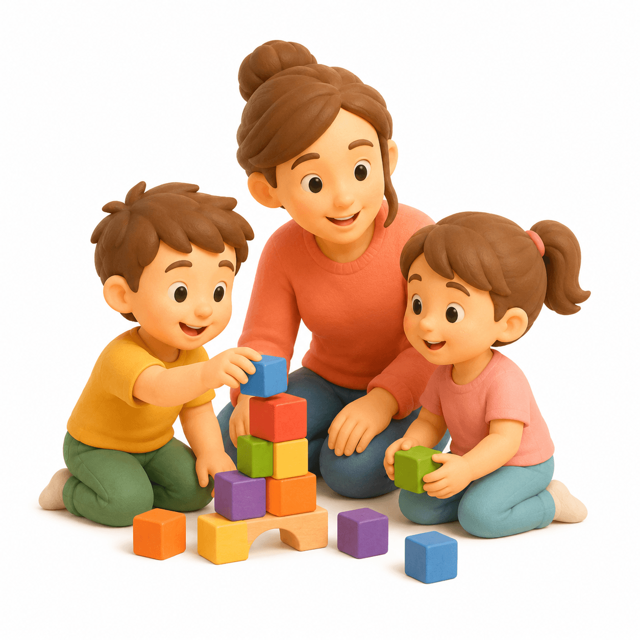 garde d'enfant recrutement Illustration 3D : une femme souriante joue avec deux enfants autour de cubes colorés, symbolisant la garde d'enfants et les services de garde.