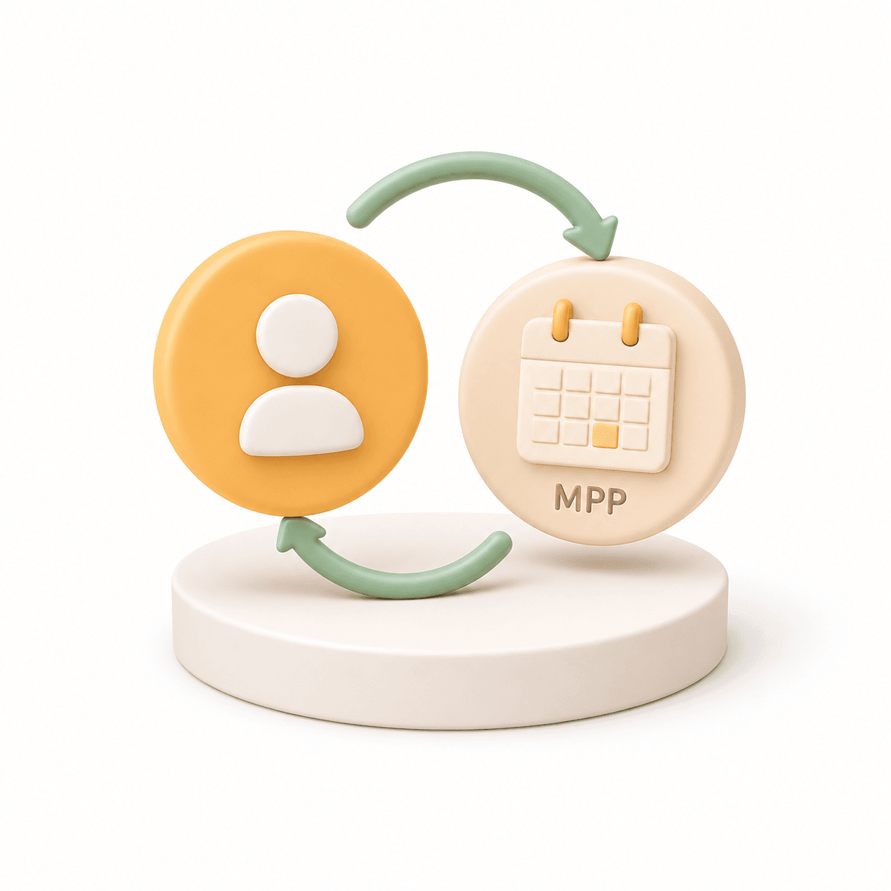 Intervenant unique Illustration 3D : symbole utilisateur et calendrier MPP reliés par des flèches, représentant la gestion des services à la personne.