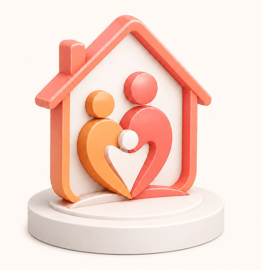 Illustration 3D : maison rouge avec famille stylisée en formes orange et rose, symbolisant les services d'aide à domicile et garde d'enfants de Mon Petit Personnel.