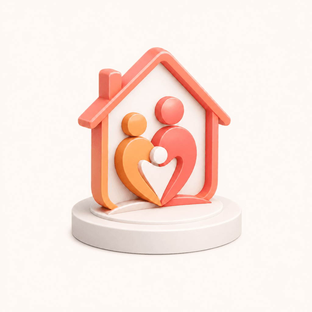 Illustration 3D : maison rouge avec famille stylisée en formes orange et rose, symbolisant les services d'aide à domicile et garde d'enfants de Mon Petit Personnel.