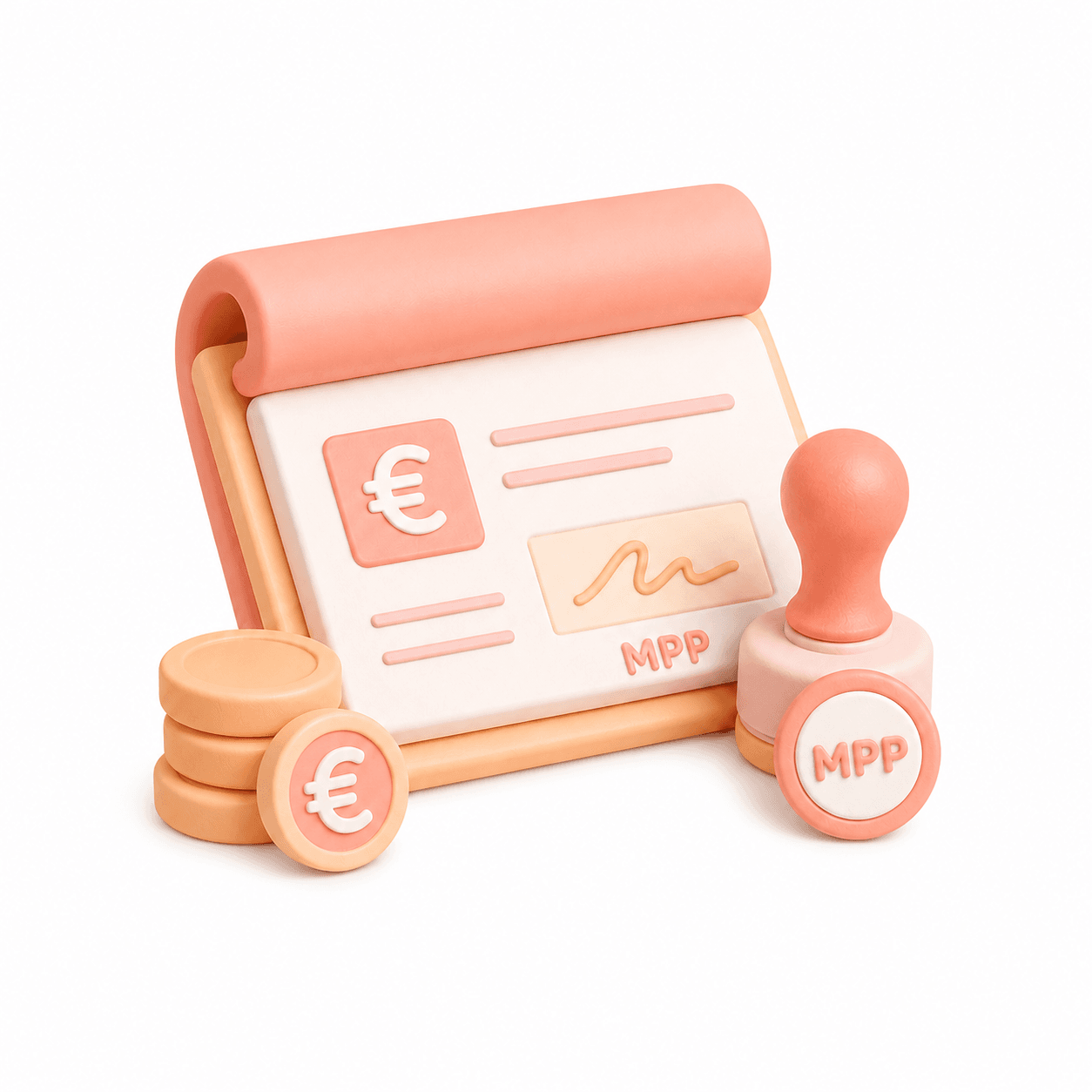 Moyen de paiement CESU Illustration 3D montrant un devis de services à domicile avec symbole euro, tampons MPP et pièces de monnaie, représentant les tarifs transparents de Mon Petit Personnel.