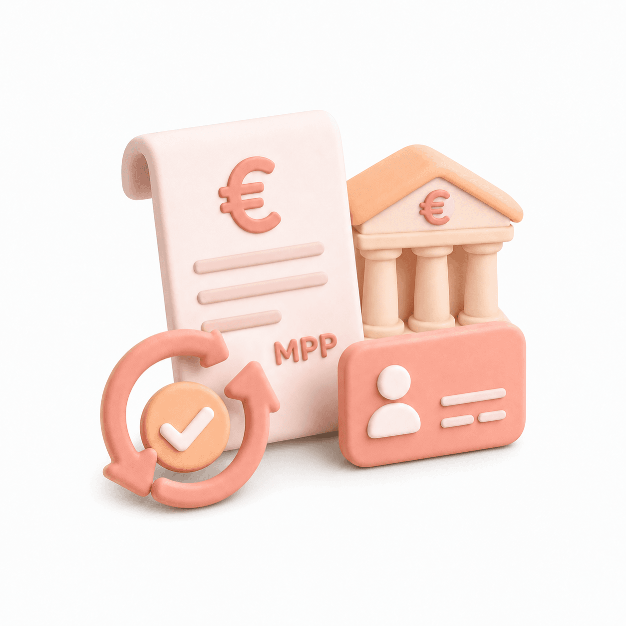 Moyen de paiement prélèvement bancaire Illustration 3D : document avec symbole euro, bâtiment bancaire, profil utilisateur et cycle de validation pour services à la personne Mon Petit Personnel.