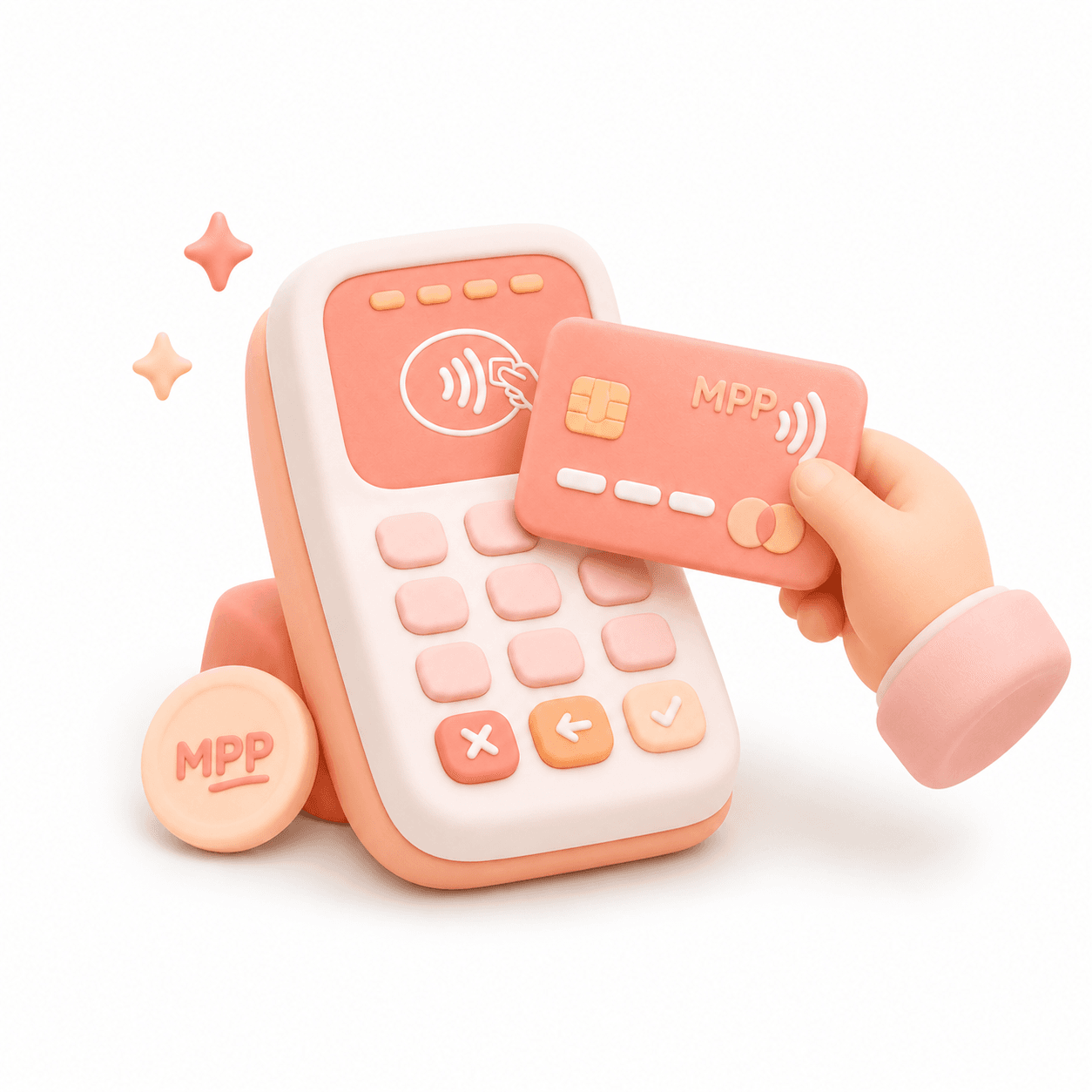 Moyen de paiement virements bancaires Illustration 3D d'un terminal de paiement et une carte bancaire contactless MPP, symbole des services numériques de Mon Petit Personnel