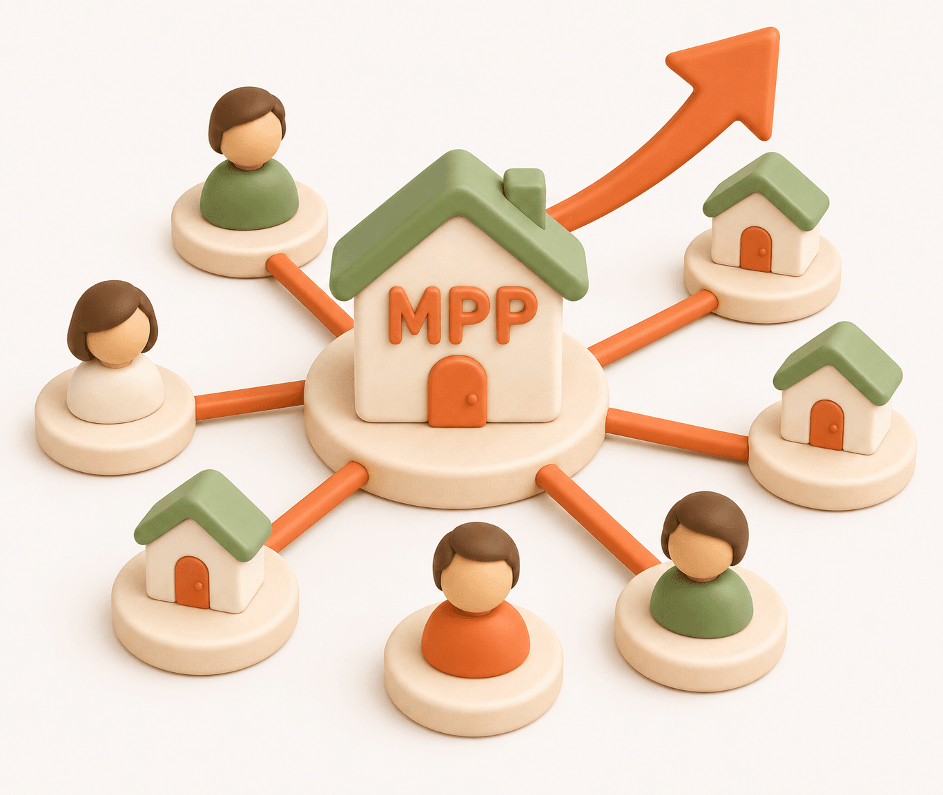 maison centrale MPP Illustration 3D : maison centrale MPP connectée à des utilisateurs et petites maisons, avec flèche croissante symbolisant la croissance du réseau de services à domicile.