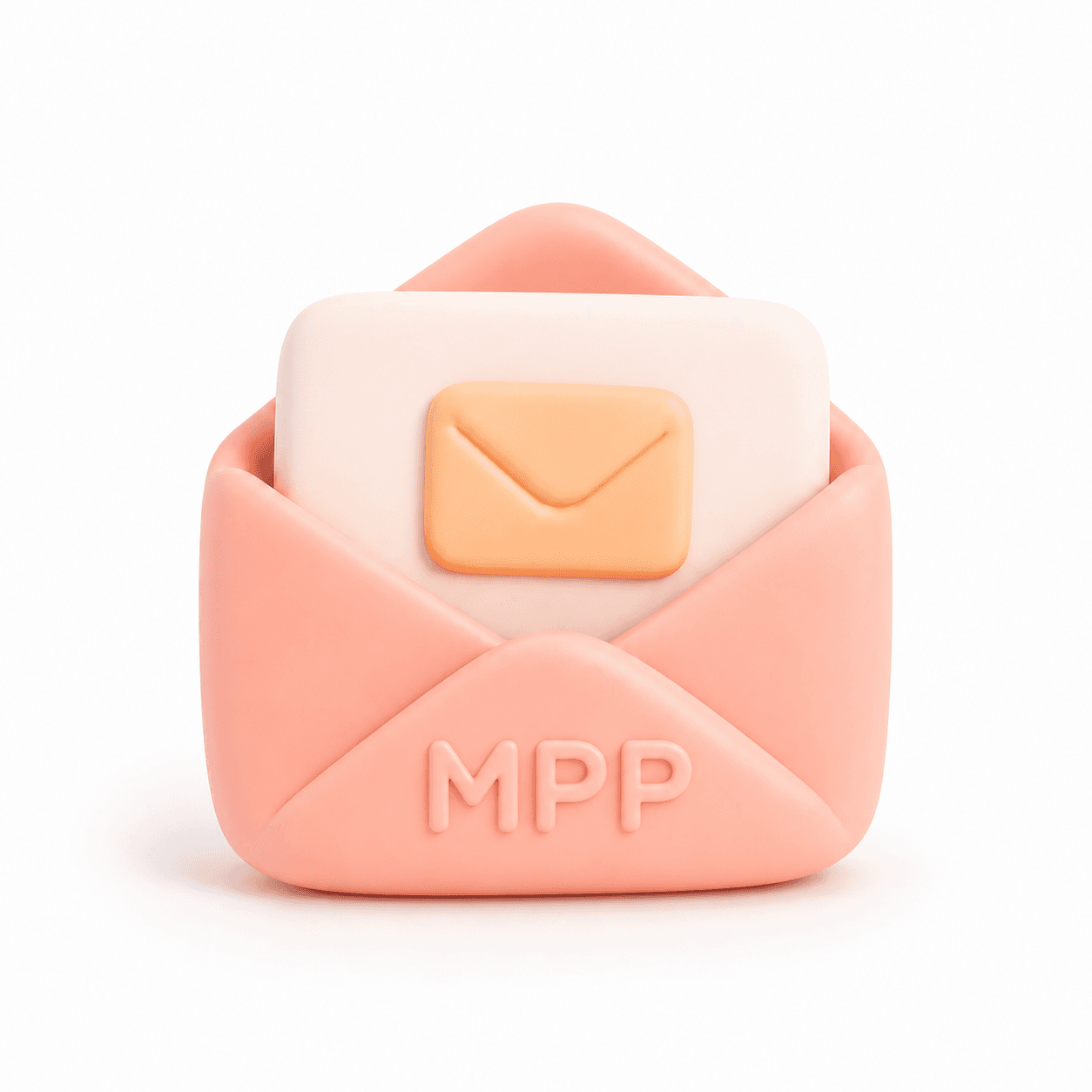 Nos e-mails Illustration 3D d'une enveloppe rose ouverte avec lettre et icône envelope orange, représentant la communication et les services de Mon Petit Personnel