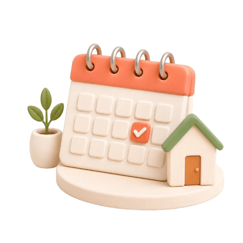 Organisation des services à domicile Illustration 3D d'un calendrier avec checkmark, une maison et une plante, représentant l'organisation des services à domicile de Mon Petit Personnel.