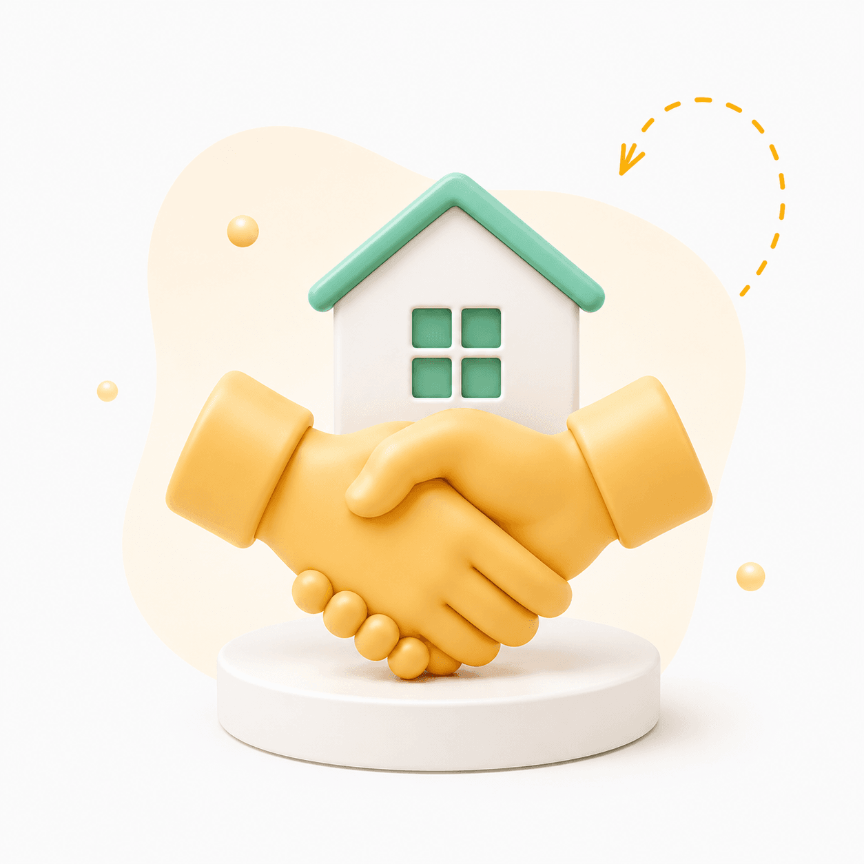 Illustration 3D : deux mains qui se serrent devant une maison verte, symbolisant la confiance et le partenariat pour les services à domicile.