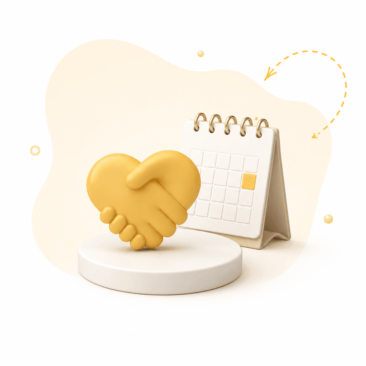 Illustration 3D : poignée de main en cœur devant un calendrier, symbolisant l'engagement et la planification des services à la personne.
