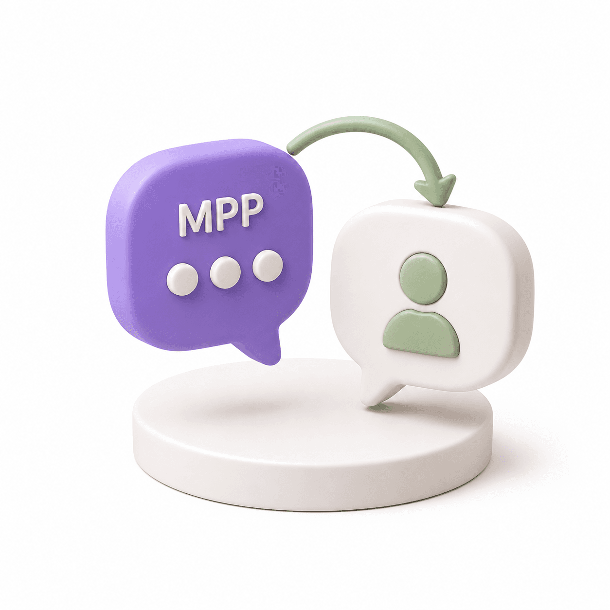 Planification du suivi Illustration 3D : bulle de dialogue violette avec MPP et trois points, flèche vers icône utilisateur blanc. Communication et services personnalisés.