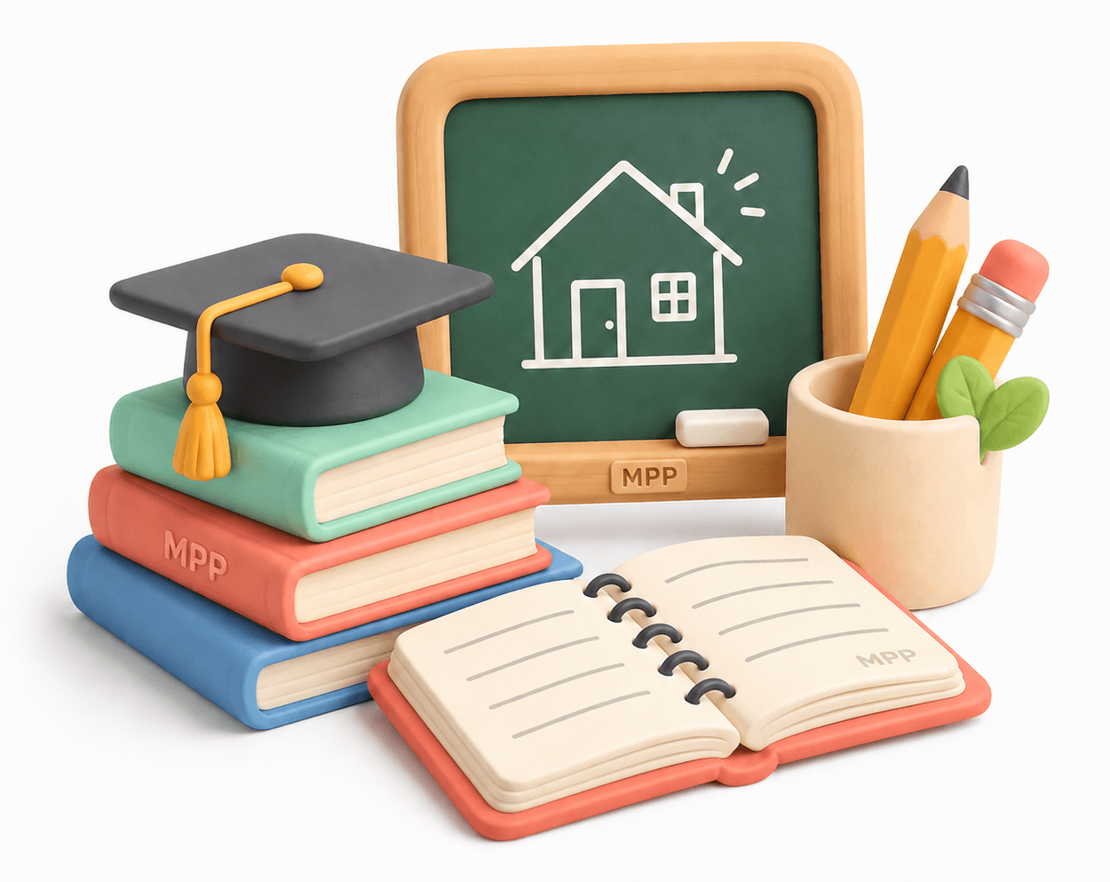 Présence dans les services d'éducations Illustration 3D d'outils éducatifs : tableau avec maison, livres, graduation, cahier et fournitures scolaires pour Mon Petit Personnel