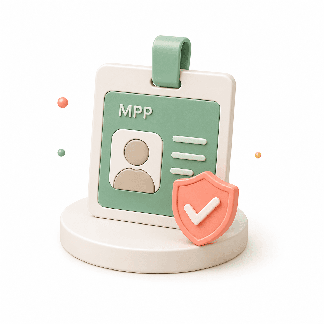 Profil des intervenants vérifié Illustration 3D : badge professionnel MPP avec photo d'identité et bouclier de sécurité validé, symbolisant nos services de confiance.