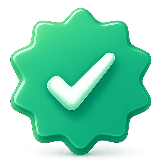 Illustration 3D : badge étoilé vert avec coche blanche, symbolisant la qualité et la fiabilité des services Mon Petit Personnel.