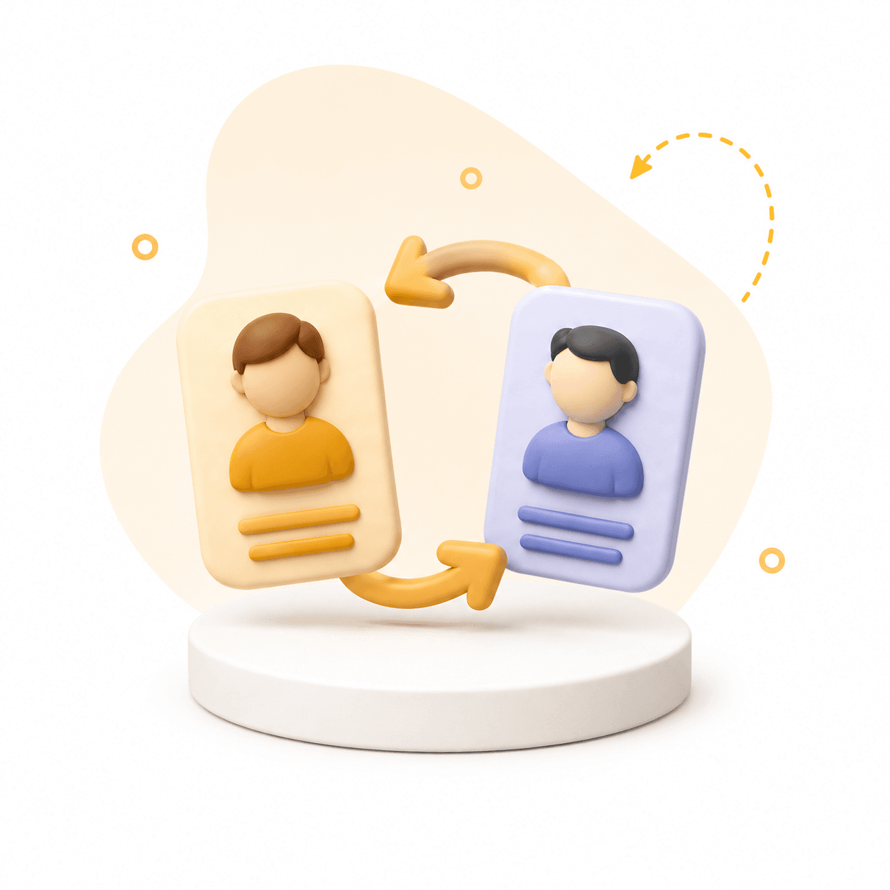 Illustration 3D : deux profils utilisateur échangeant des flèches, symbolisant la mise en relation entre clients et prestataires de services à la personne.