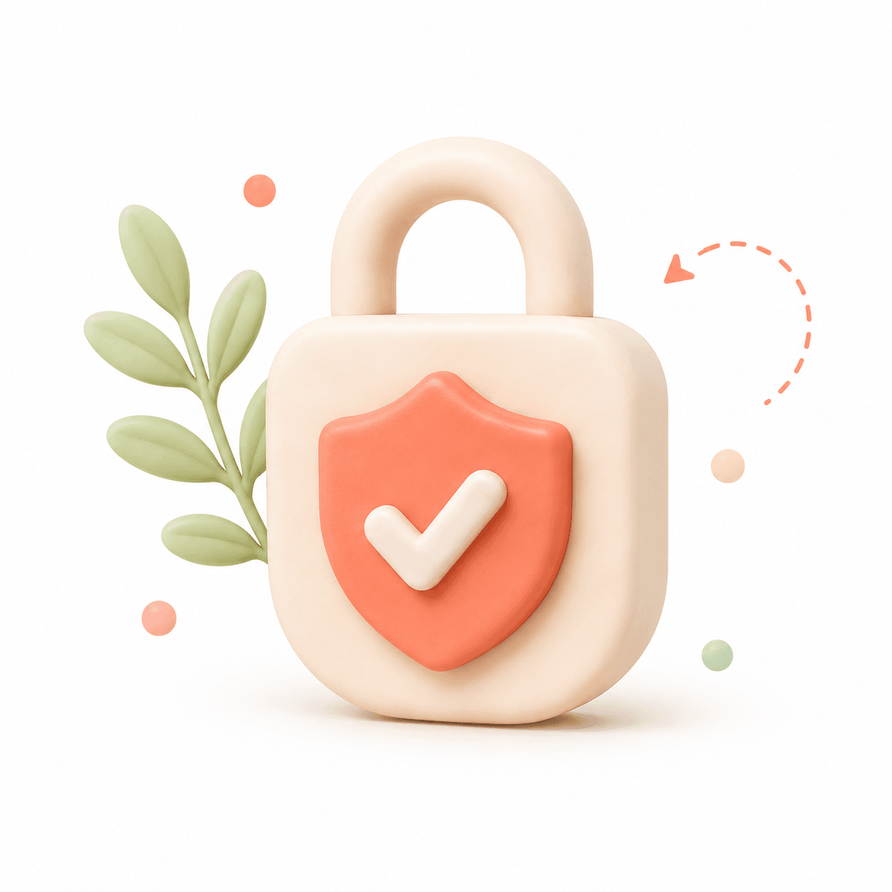 Sécurité dans les services Illustration 3D d'un cadenas beige avec un bouclier rouge coché, symbolisant la sécurité et la confiance des services à domicile.