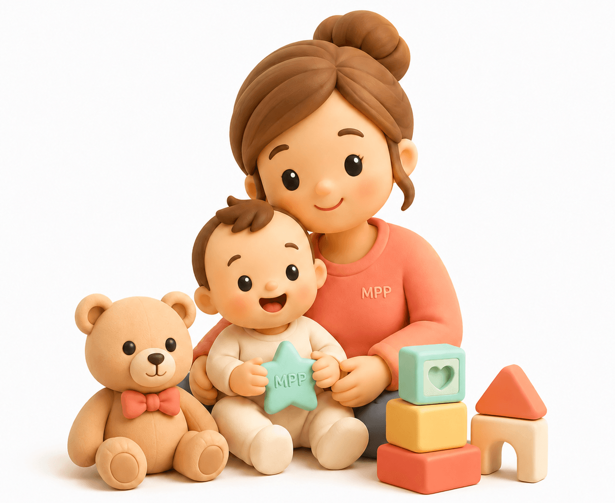 Services garde d'enfants Mon Petit Personnel Illustration 3D : femme souriante avec enfant et peluche, jouets colorés. Services garde d'enfants Mon Petit Personnel.
