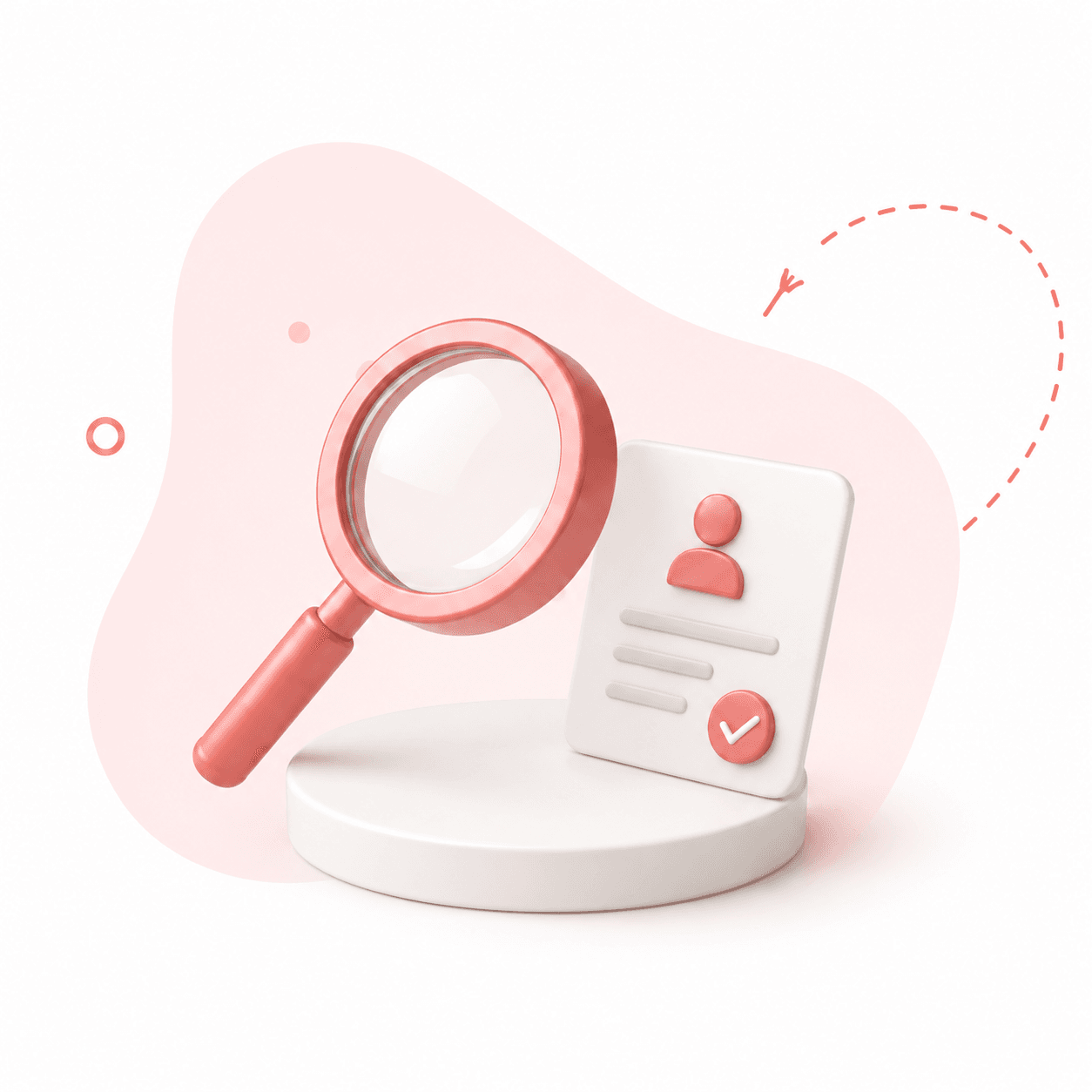 Illustration 3D : loupe rose et document avec profil utilisateur et checkmark, symbolisant la sélection et vérification de prestataires pour services à domicile.