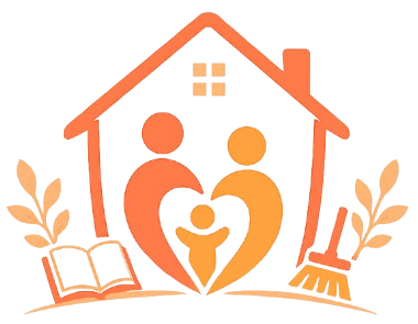 logo monpetitpersonnel Illustration 3D d'une maison avec une famille au cœur, entourée de livres et d'outils de ménage, symbolisant les services d'aide à domicile de Mon Petit Personnel.